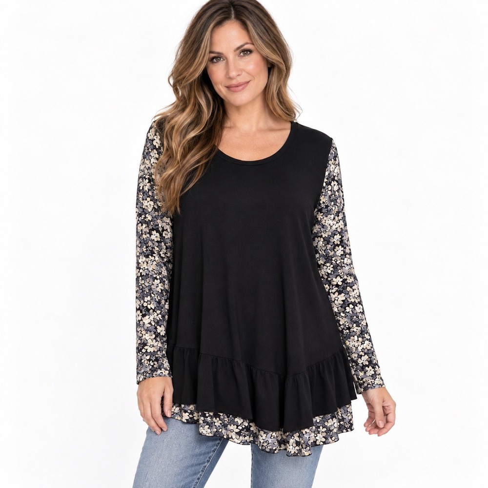 LOGO Lori Goldstein Tunic XL Black Floral Mixed Media Ruffle Peplum Top